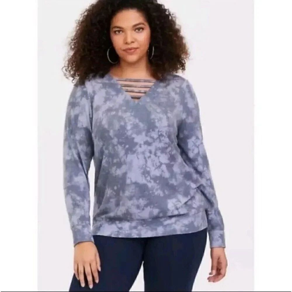 Torrid Size 2X Blue Tie Dye Hacci Ladder Pullover Sweater Cozy Brushed
